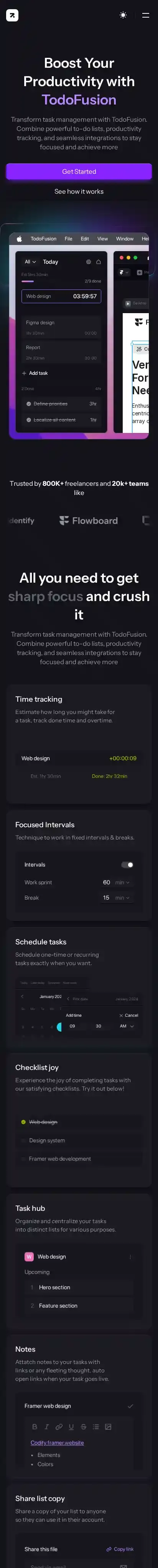 TodoFusion home page on mobile