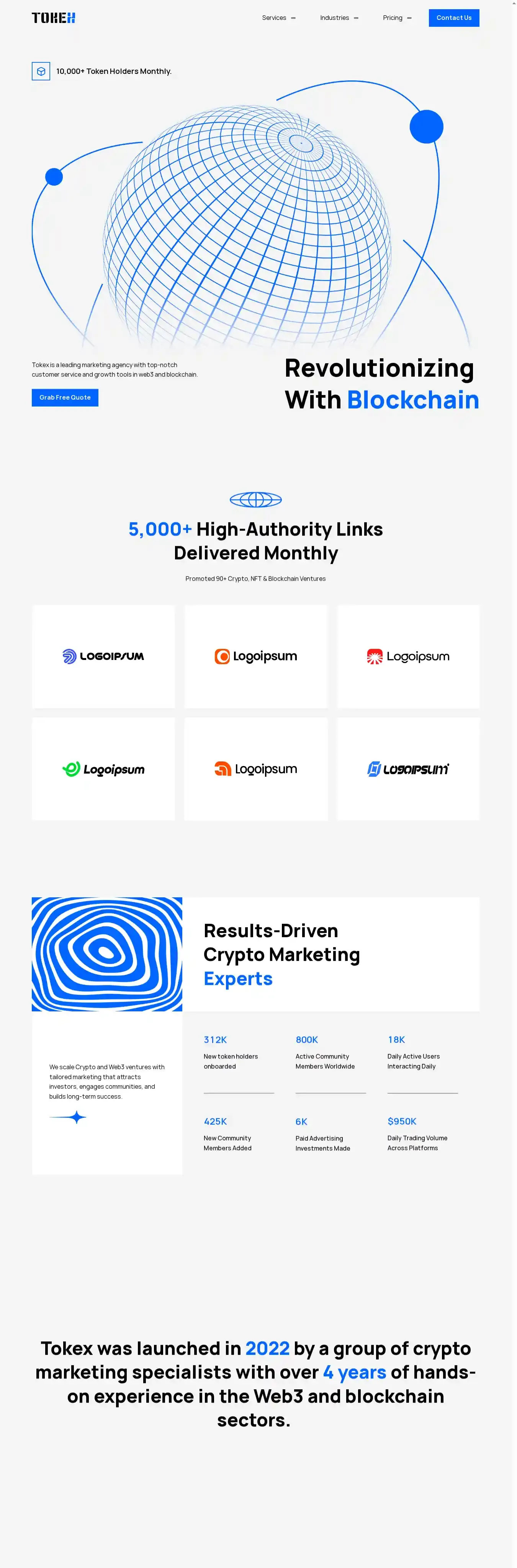 Tokex home page on desktop