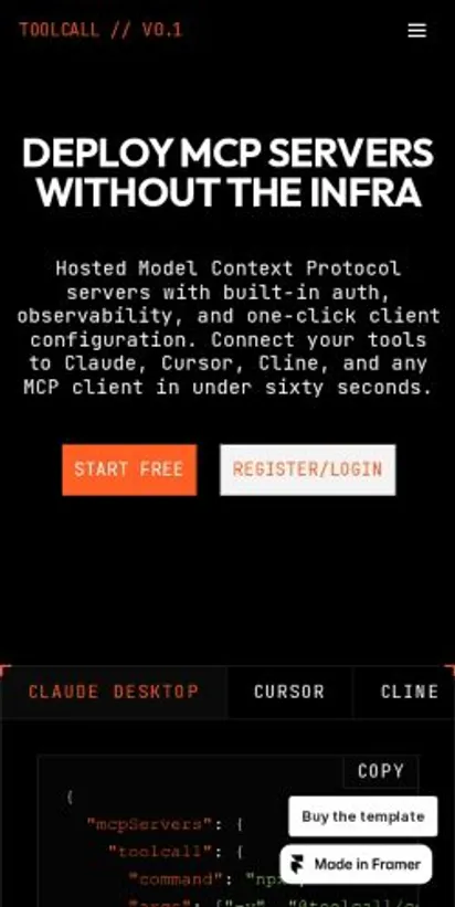 ToolCall MCP Server home page on mobile
