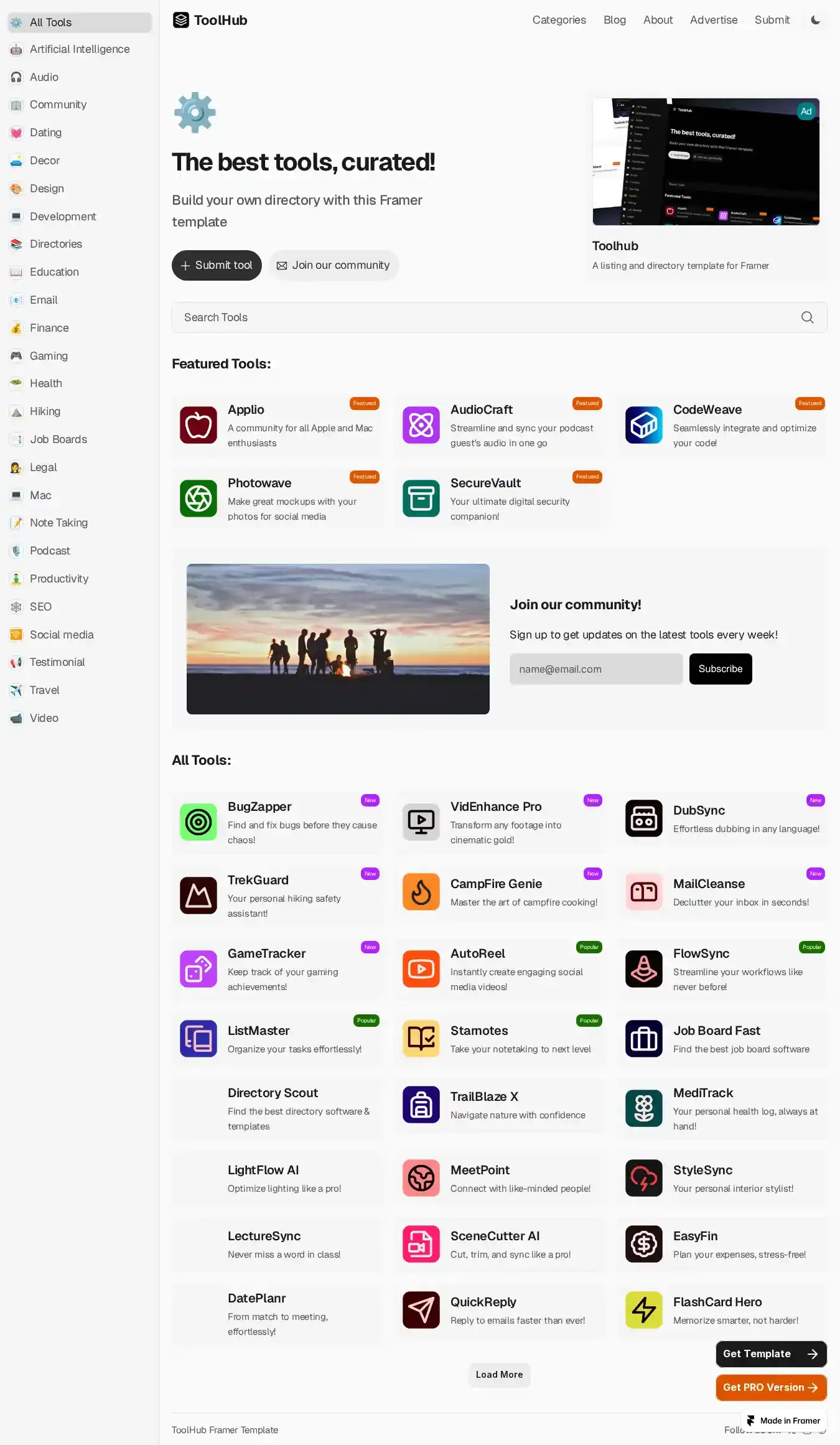 Toolhub home page on desktop