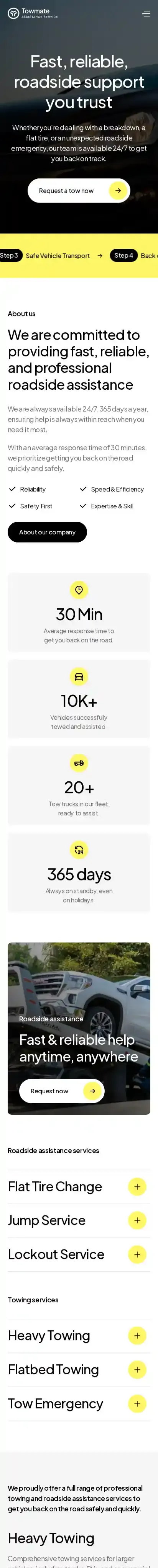 Towing Service home page on mobile