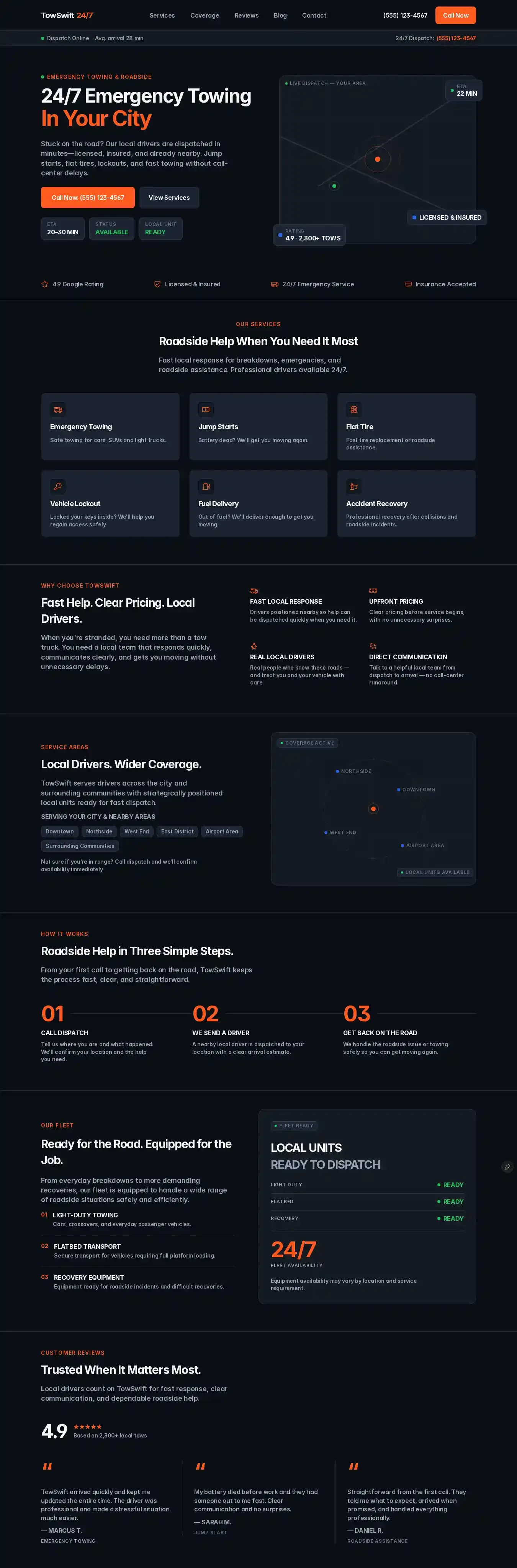 TowSwift 24/7 home page on desktop