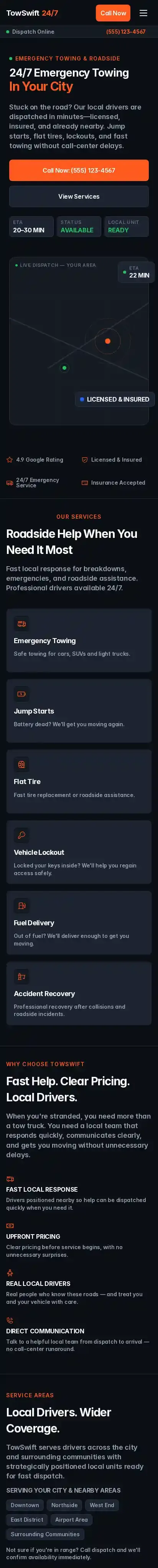 TowSwift 24/7 home page on mobile