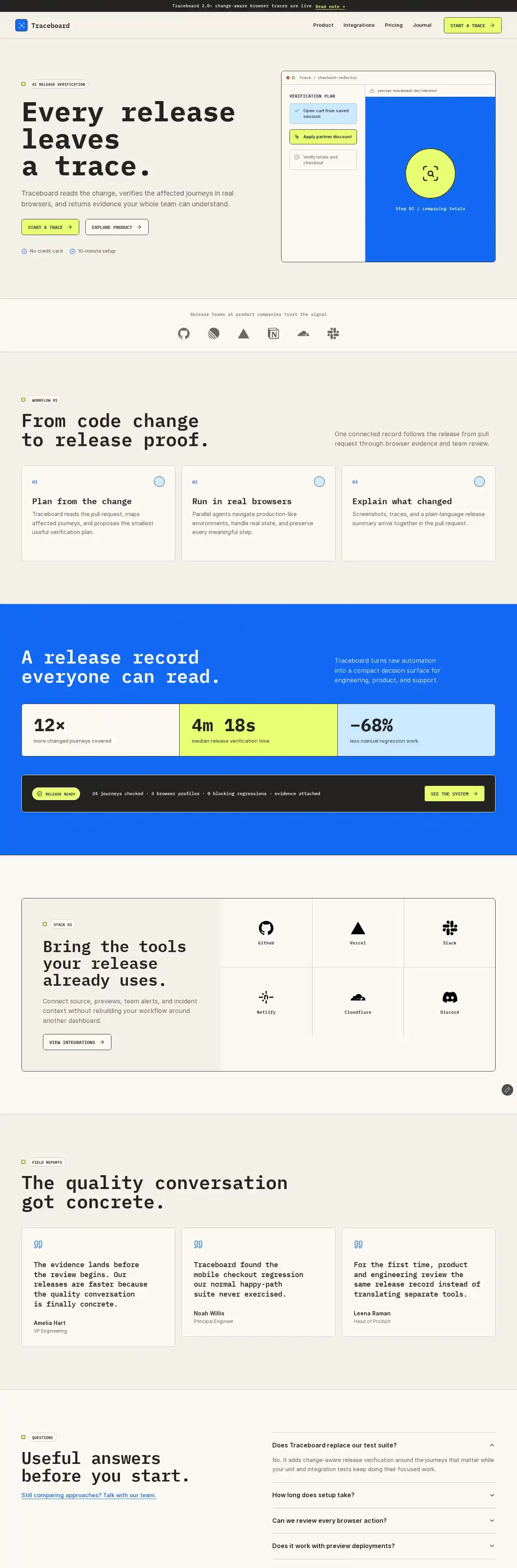 Traceboard home page on desktop