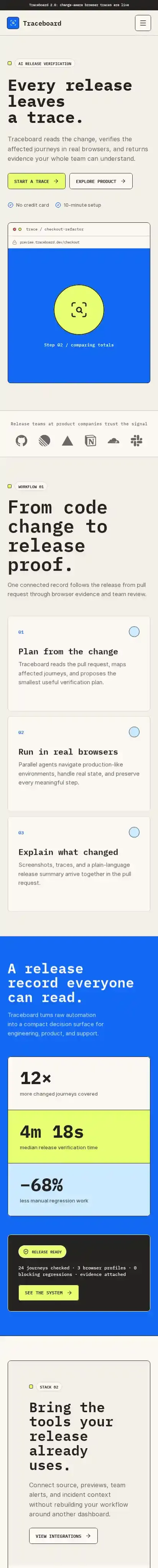 Traceboard home page on mobile