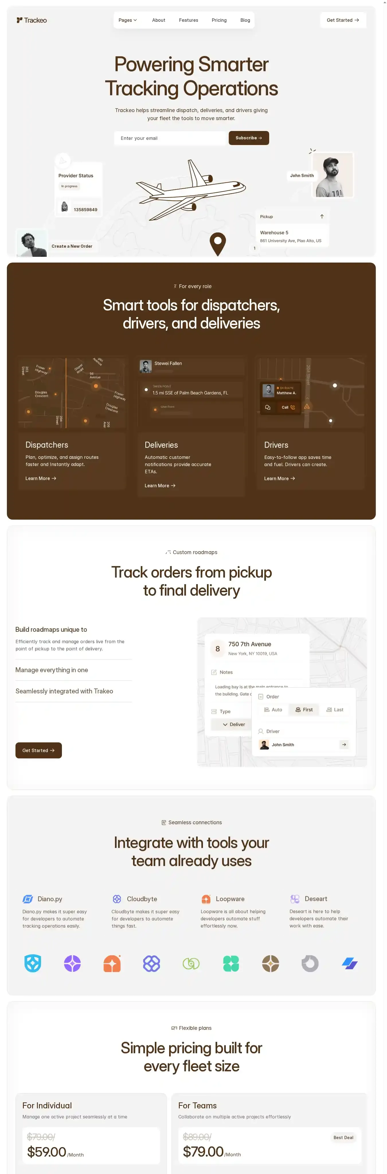 Trackeo home page on desktop