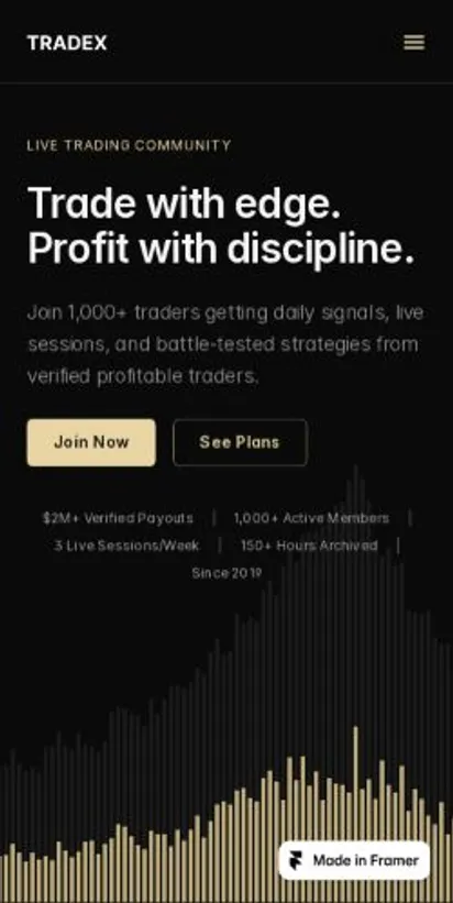 Tradex home page on mobile