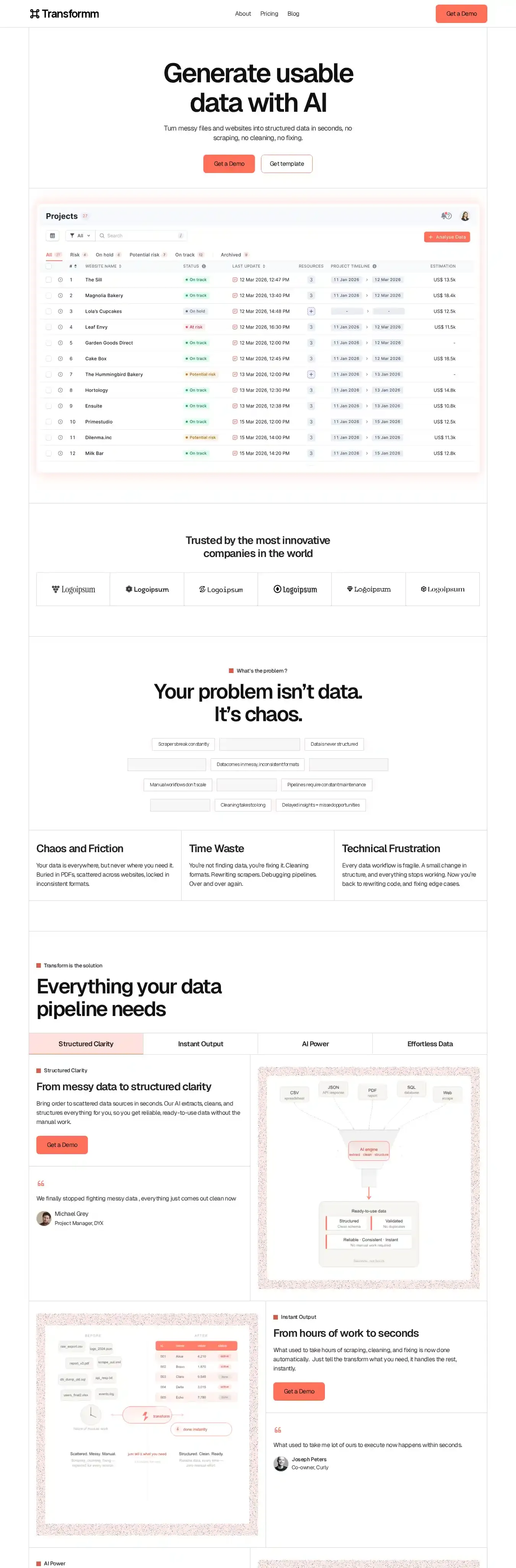 Transformm home page on desktop