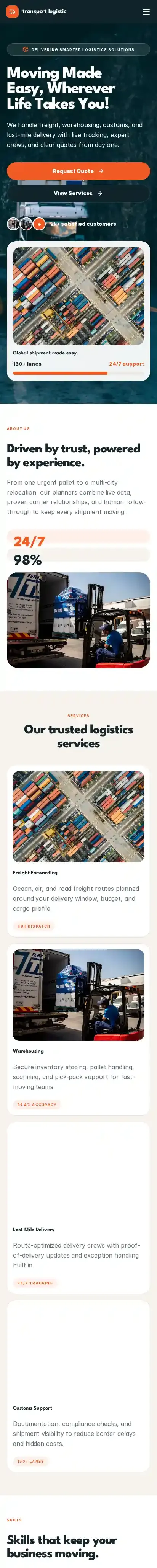 transport logistic home page on mobile