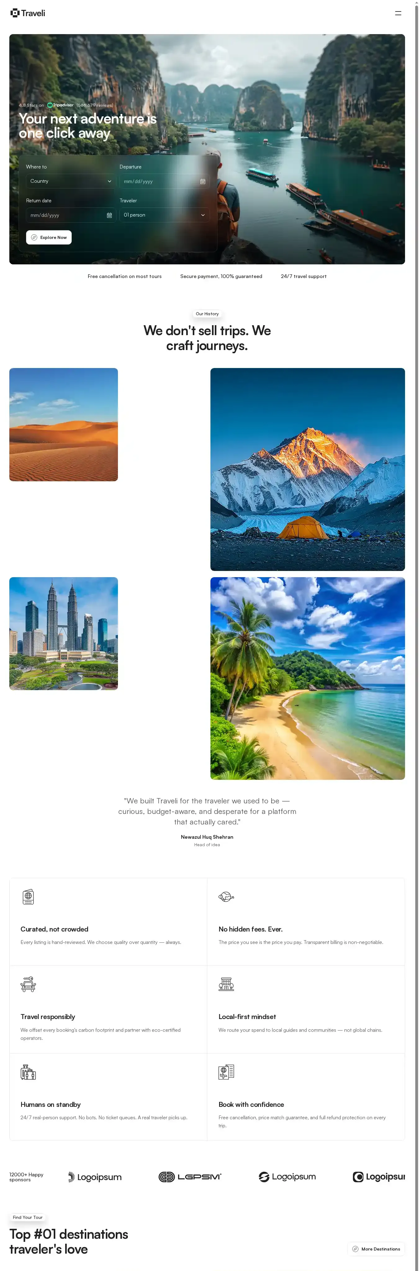 Traveli home page on desktop