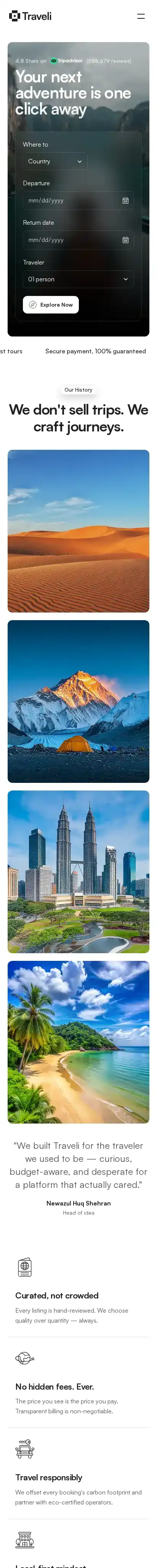 Traveli home page on mobile