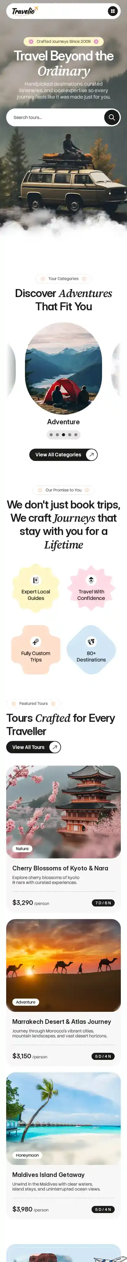 Travelio home page on mobile