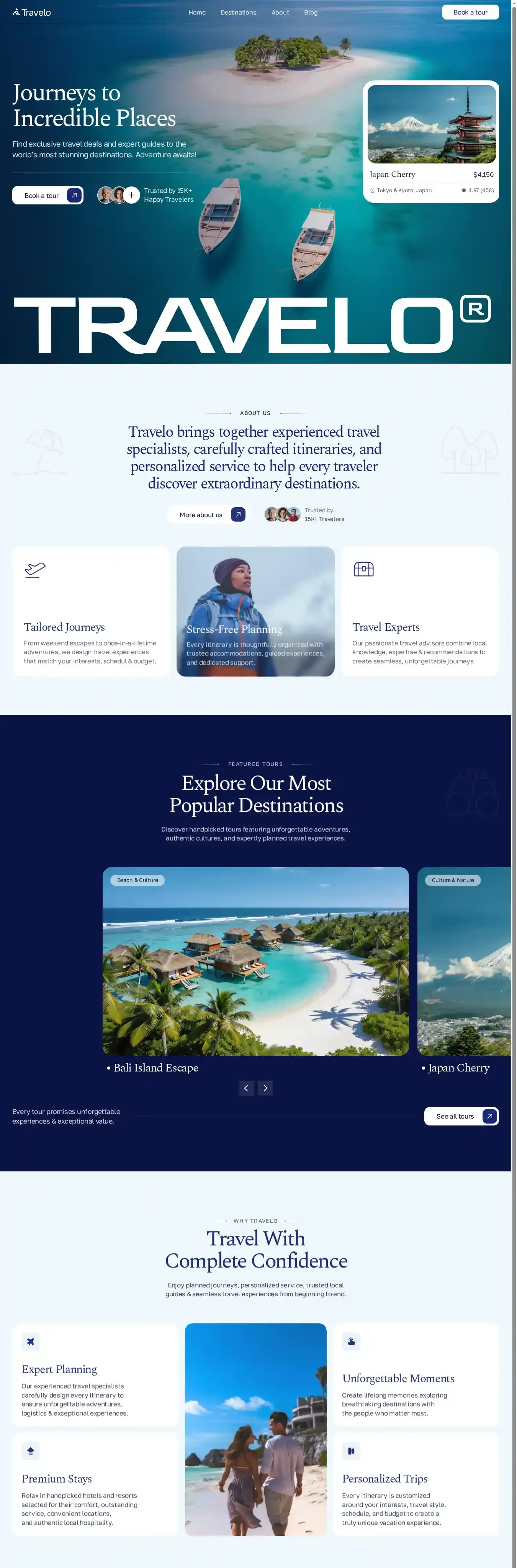 Travelo home page on desktop