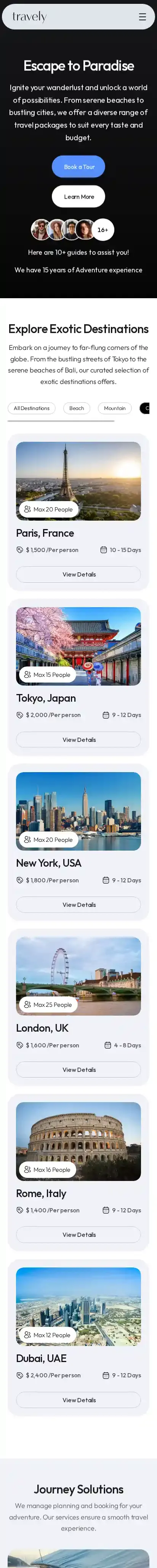 Travely home page on mobile