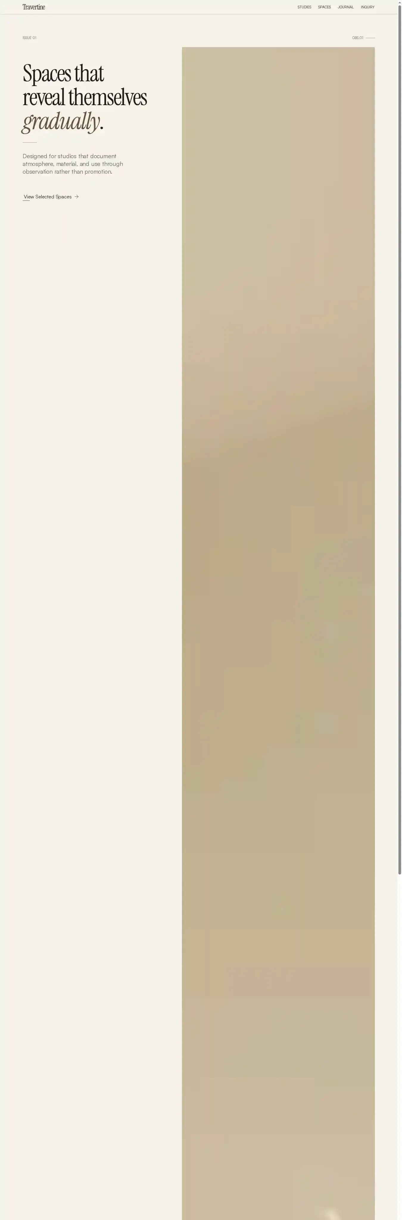 Travertine Studio home page on desktop