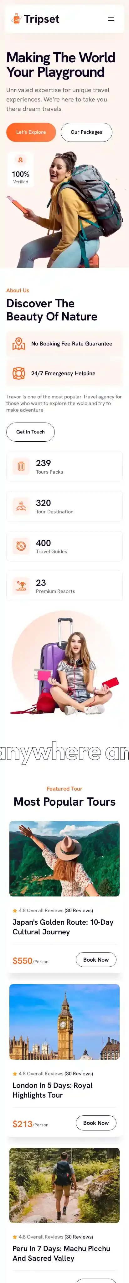 TripSet home page on mobile
