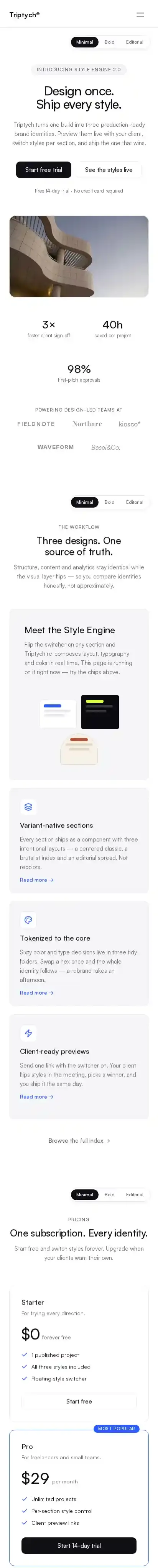 Triptych home page on mobile