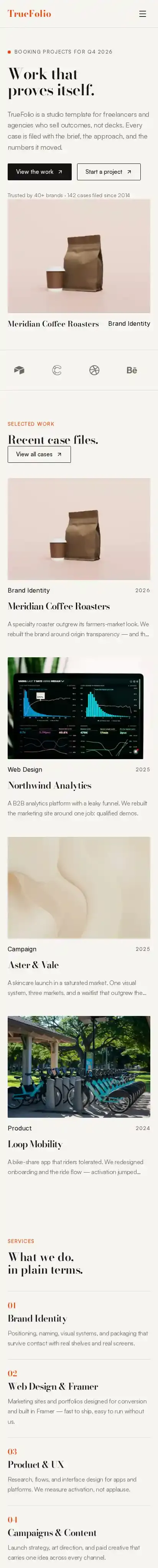 TrueFolioStudio home page on mobile