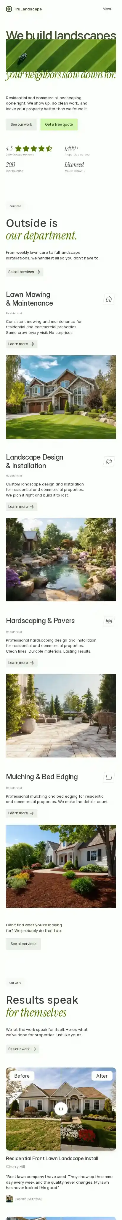 TruLandscape home page on mobile