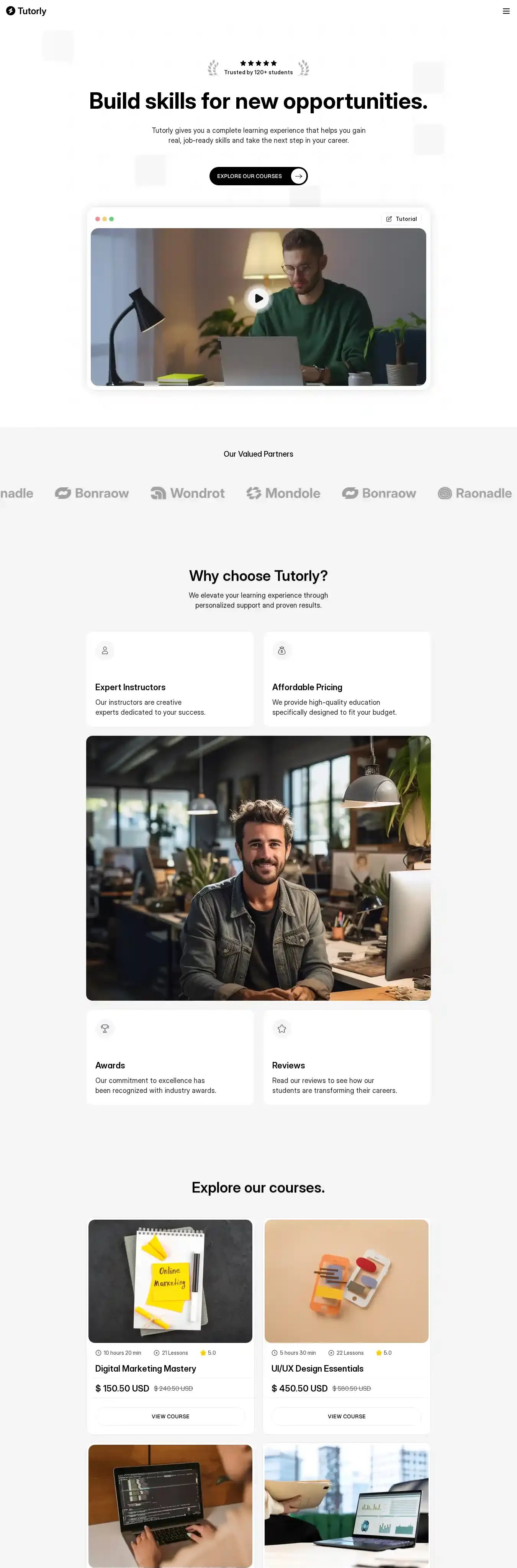 Tutorly home page on desktop