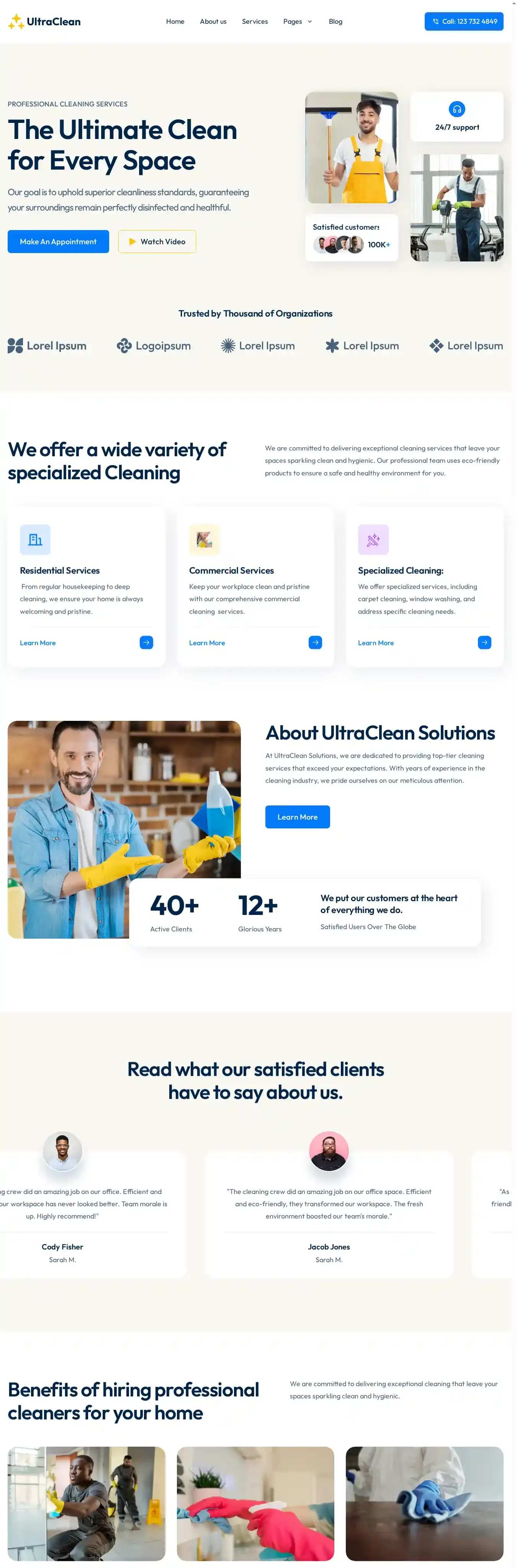UltraClean home page on desktop