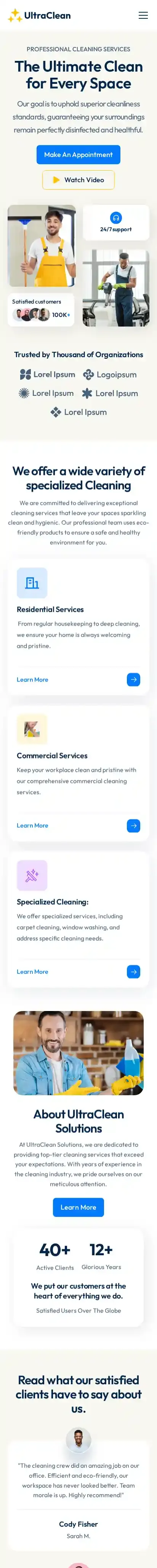 UltraClean home page on mobile