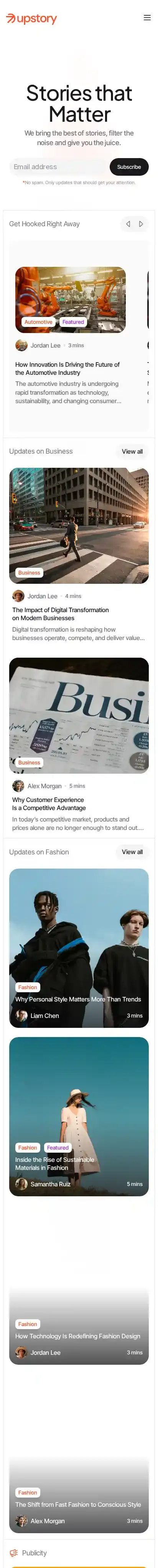 Upstory home page on mobile
