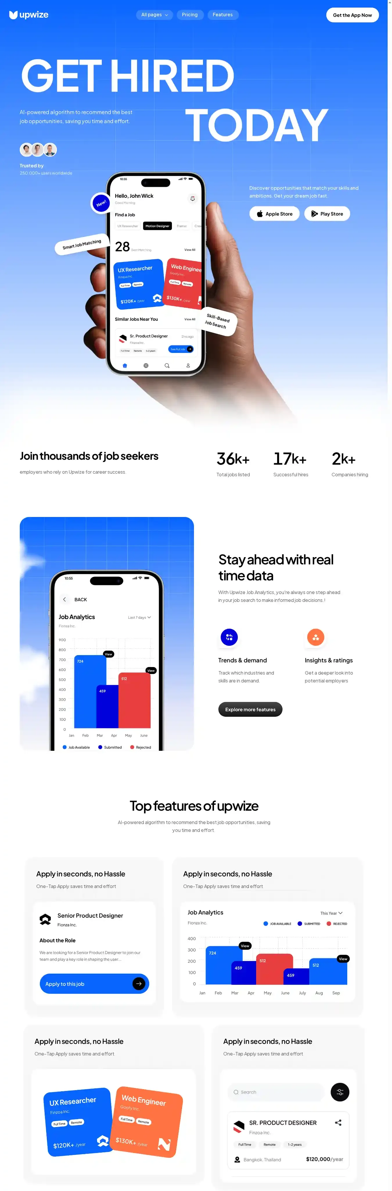 Upwize home page on desktop