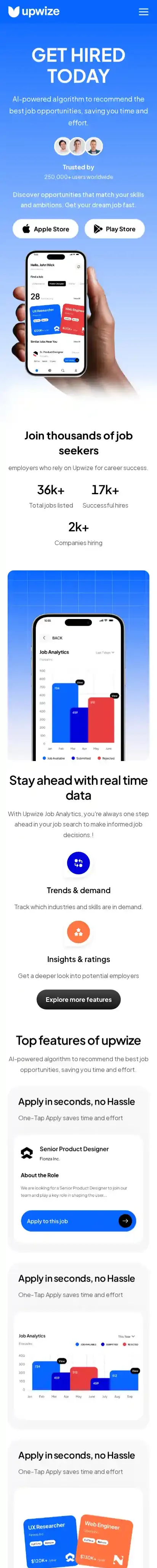 Upwize home page on mobile