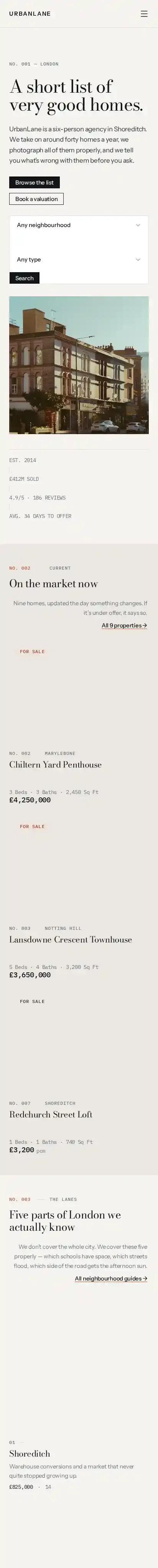 UrbanLane home page on mobile