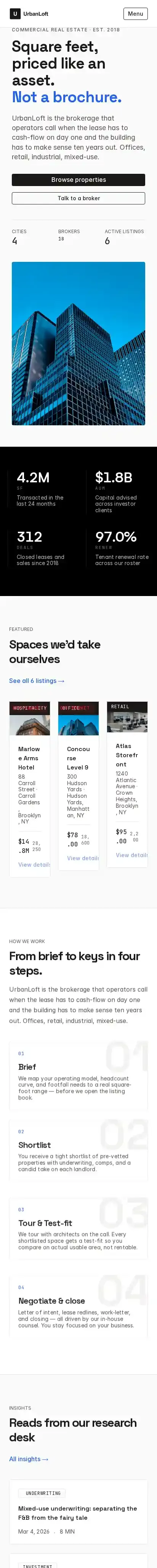 UrbanLoft Pro home page on mobile