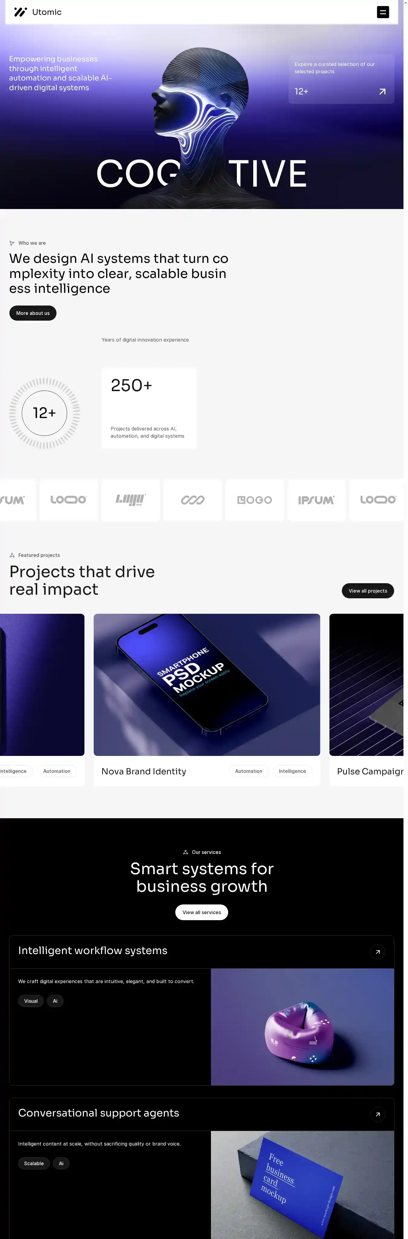 Utomic home page on desktop