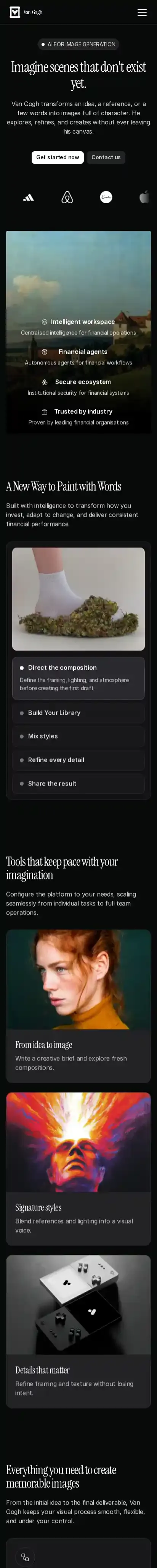 Van Gogh home page on mobile