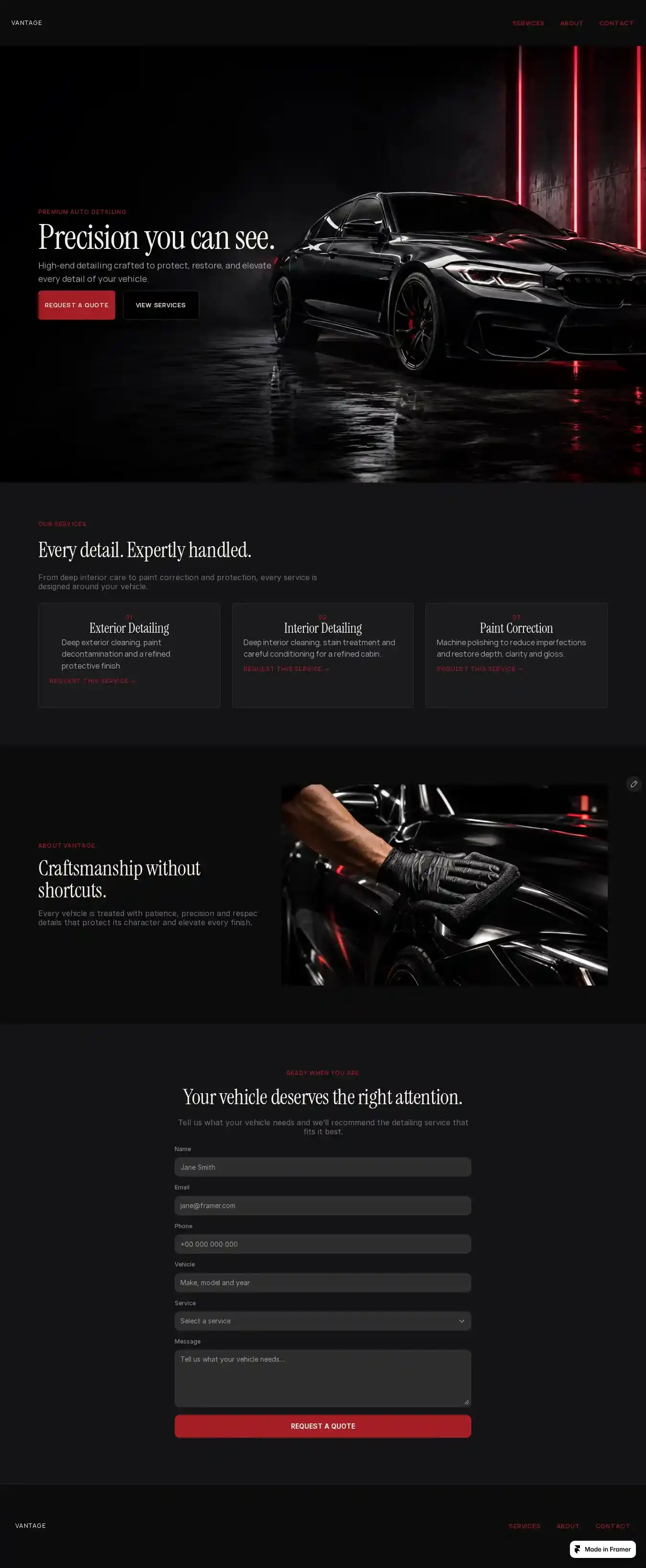 VANTAGE Detailing home page on desktop