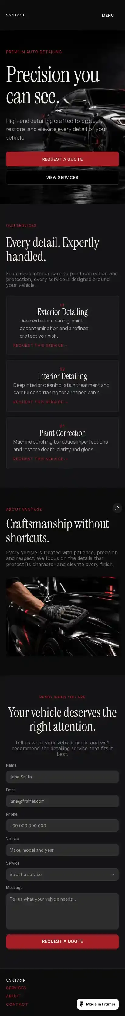 VANTAGE Detailing home page on mobile