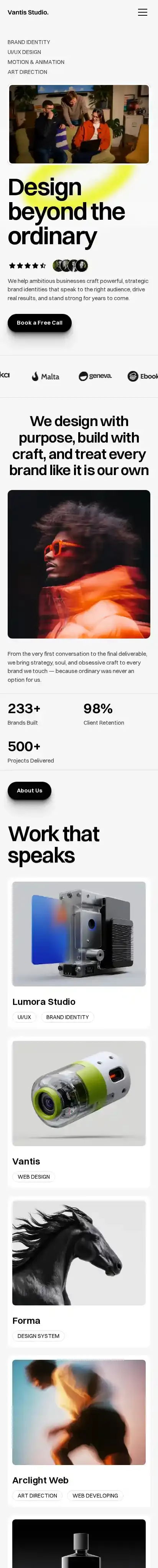 Vantis Studio home page on mobile