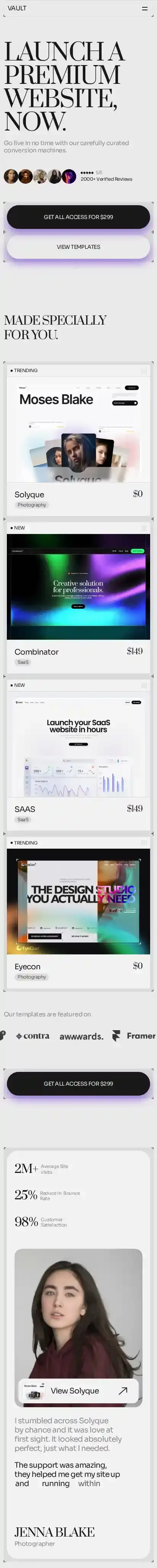 VAULT FOR CREATORS home page on mobile