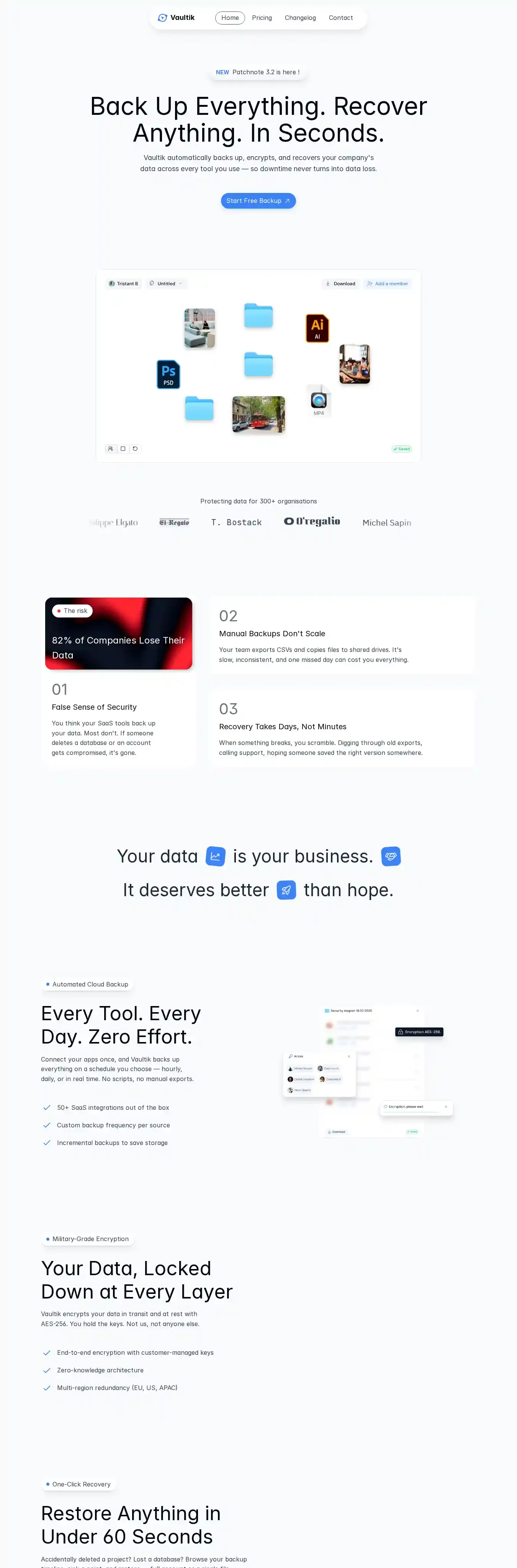 Vaultik home page on desktop
