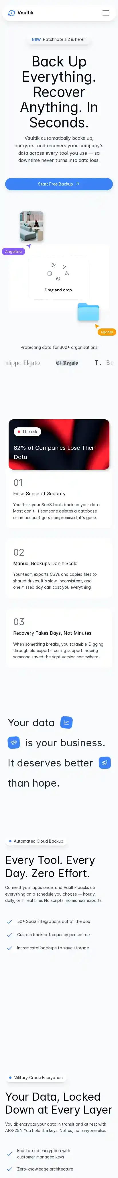 Vaultik home page on mobile