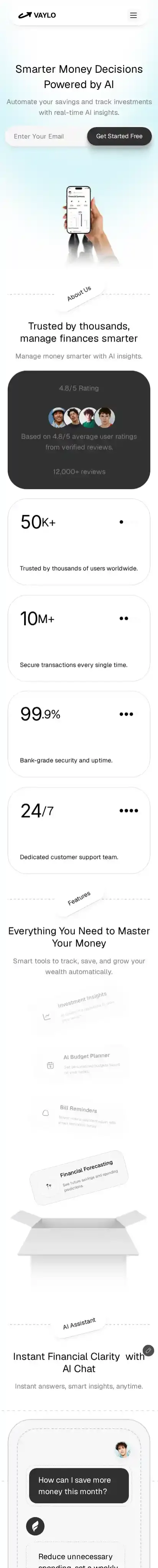 Vaylo home page on mobile