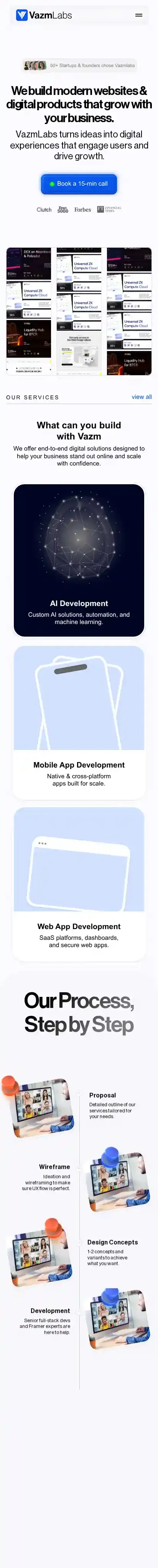 VazmLabs home page on mobile