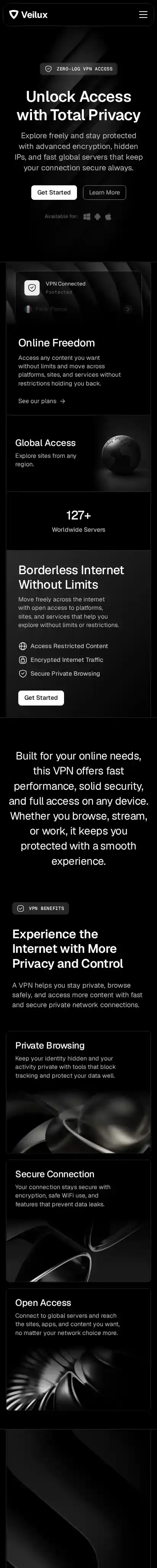 Veilux home page on mobile