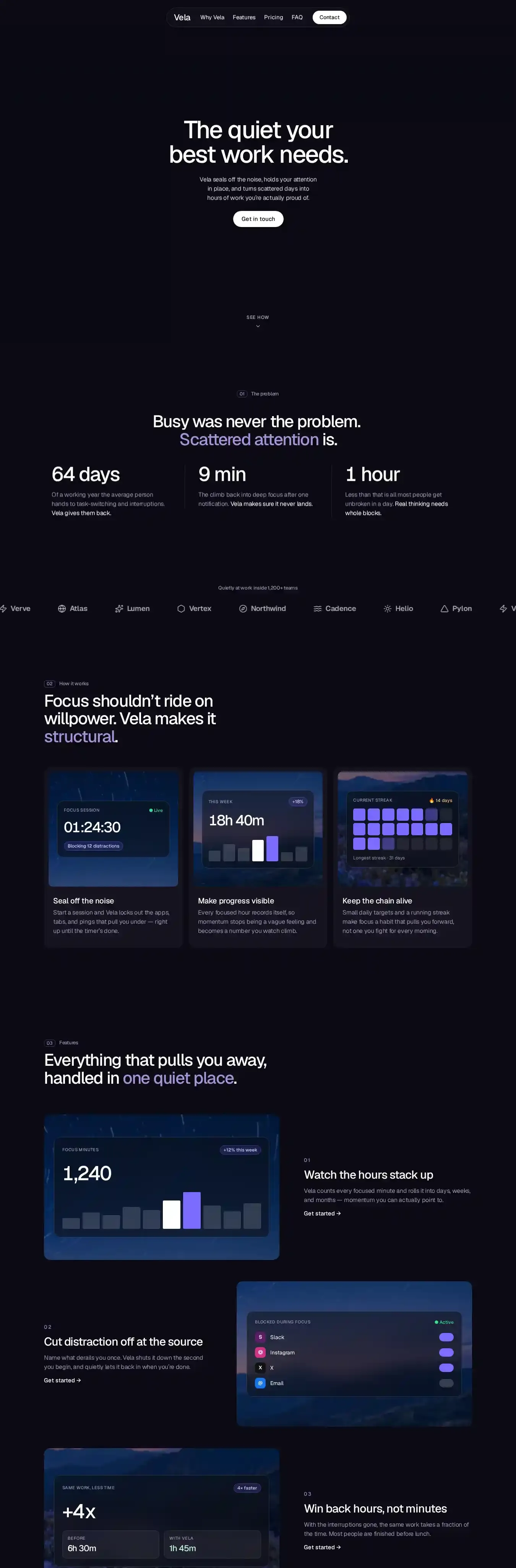 Vela Focus home page on desktop