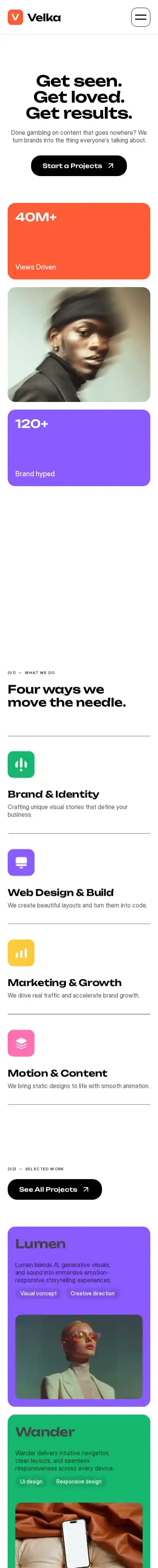 Velka home page on mobile
