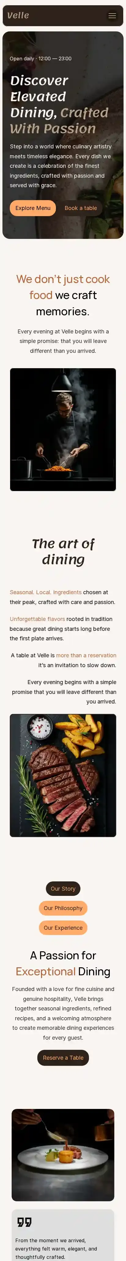 Velle home page on mobile