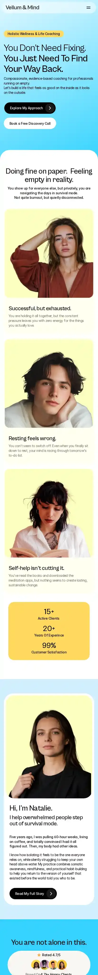 Vellum & Mind home page on mobile