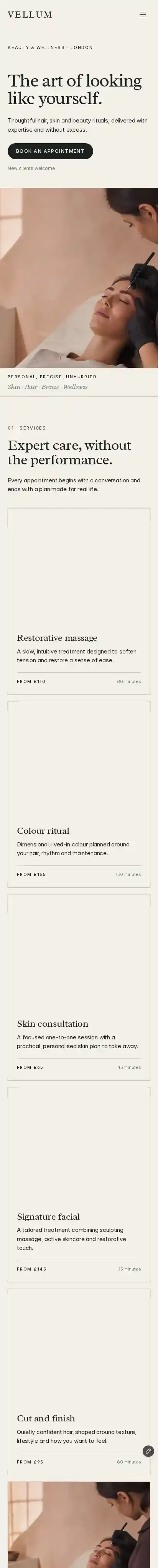 Vellum Rituals home page on mobile