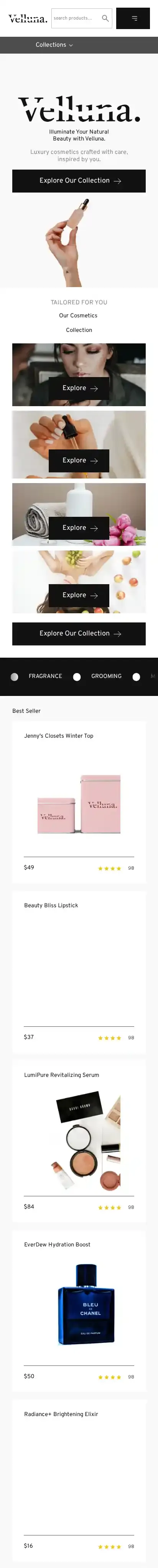 Velluna brand home page on mobile