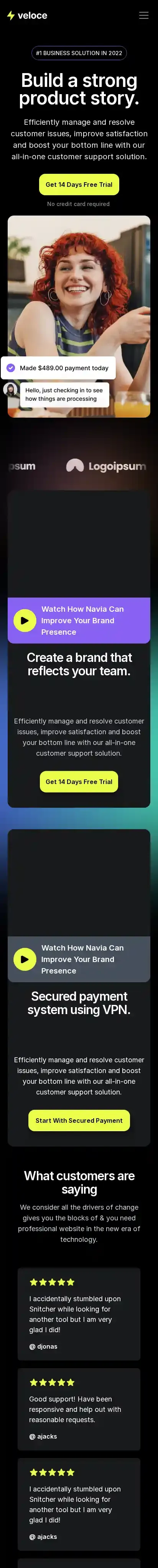 Veloce home page on mobile