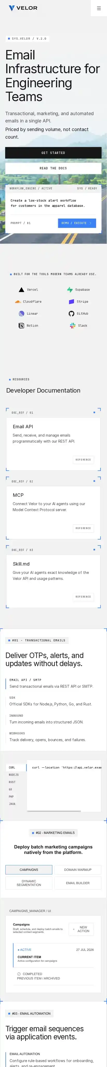 Velor Infra Landing home page on mobile